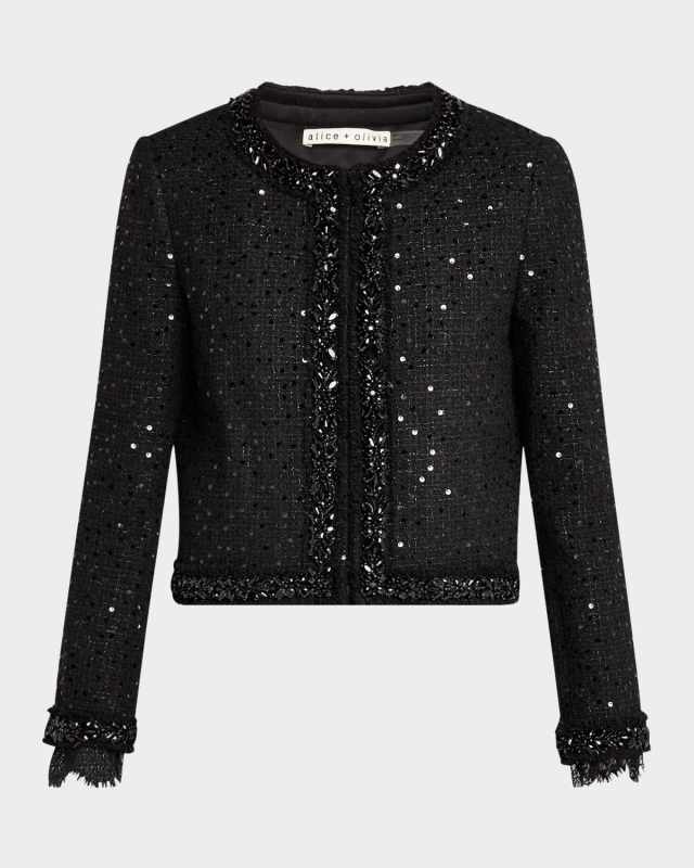 Landon Cropped Sequined Tweed Jacket with Embellished Tri